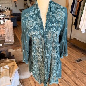 Teal Embroidered Sheer Kimono